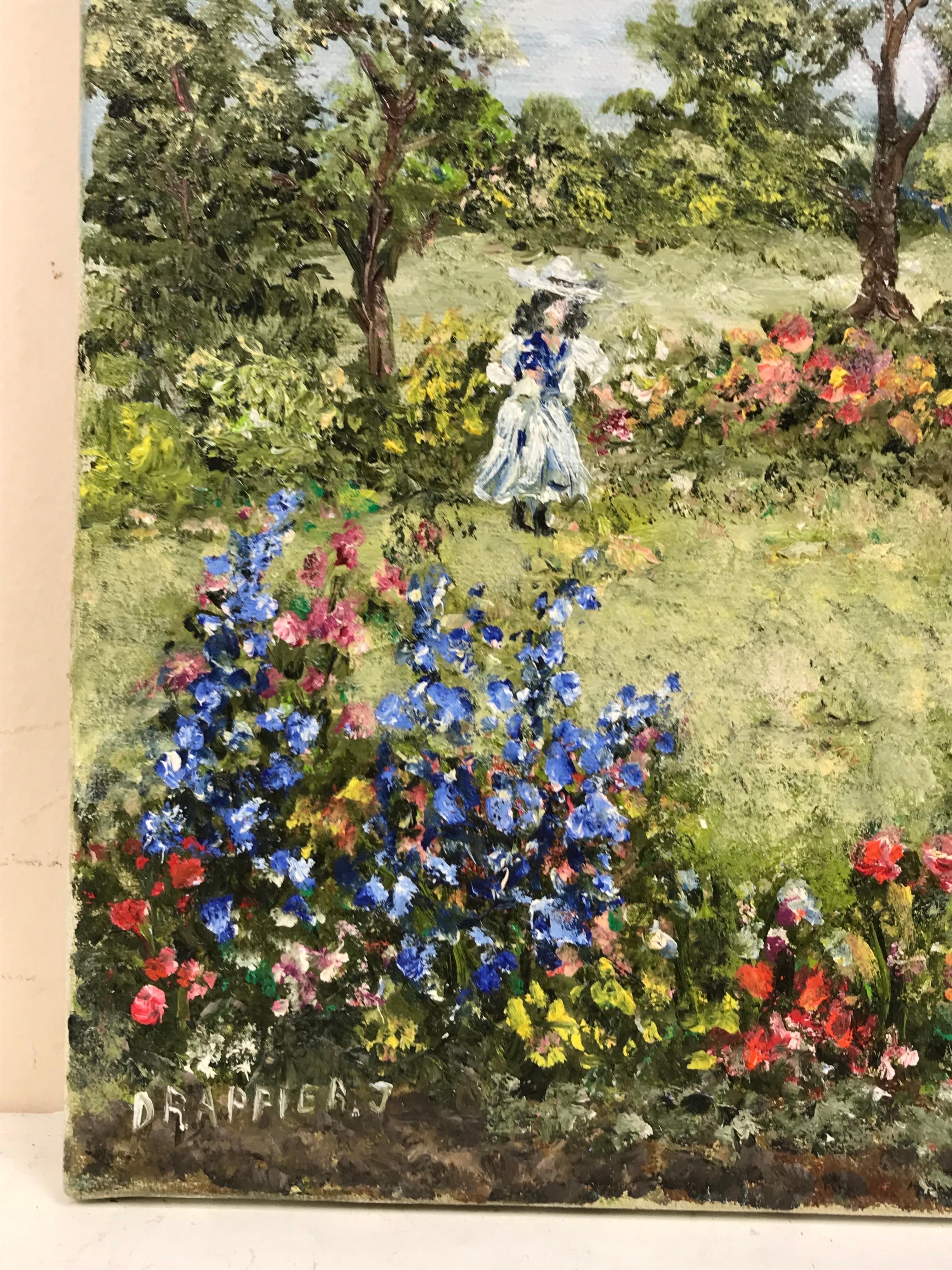 French Impressionist Signed Oil, Girl Picking Flowers in Meadows For Sale 1
