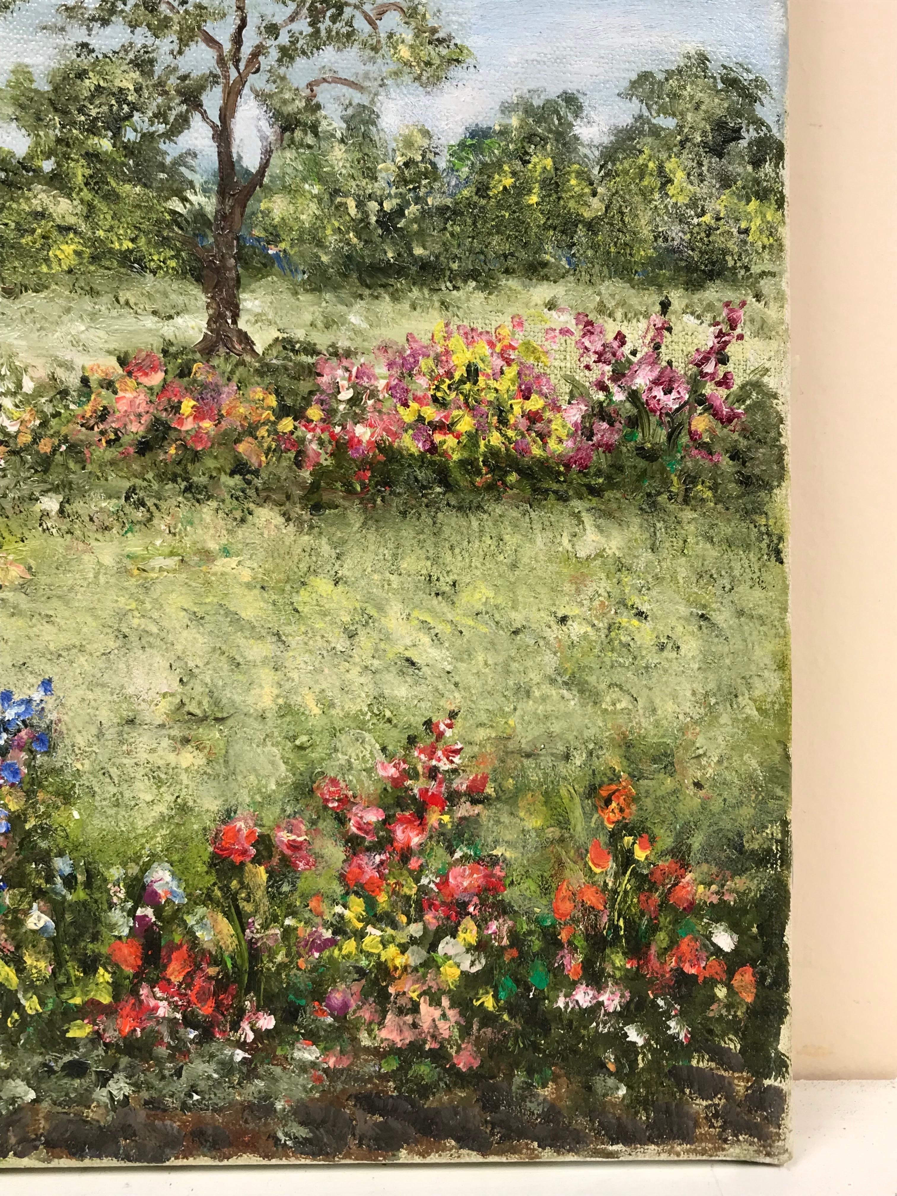 Französischer Impressionist Signiertes Öl, Mädchen pflückt Blumen in einer Wiese im Angebot 1