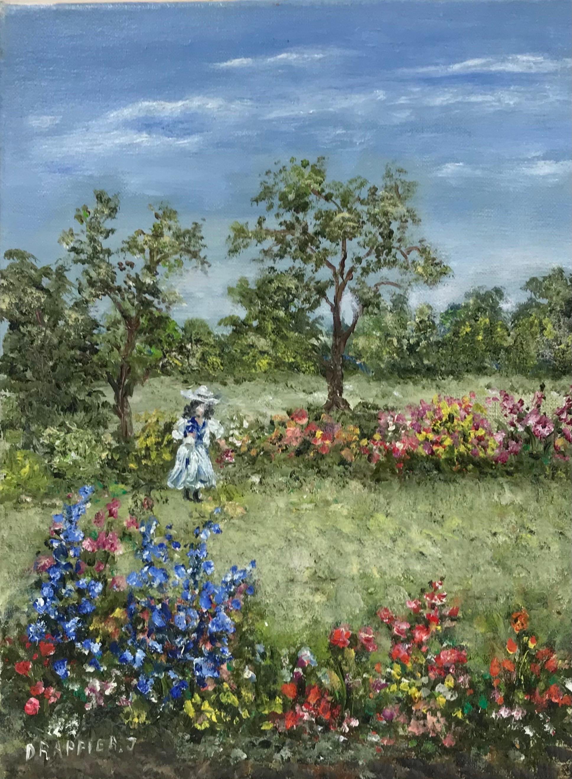 French Impressionist Figurative Painting – Französischer Impressionist Signiertes Öl, Mädchen pflückt Blumen in einer Wiese