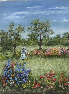 Vintage French Impressionist Signed Oil, Girl Picking Flowers in Meadows