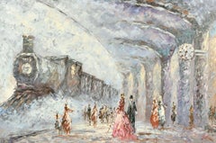 French Impressionist Signed Oil Winter Landscape Figures at the Train Station