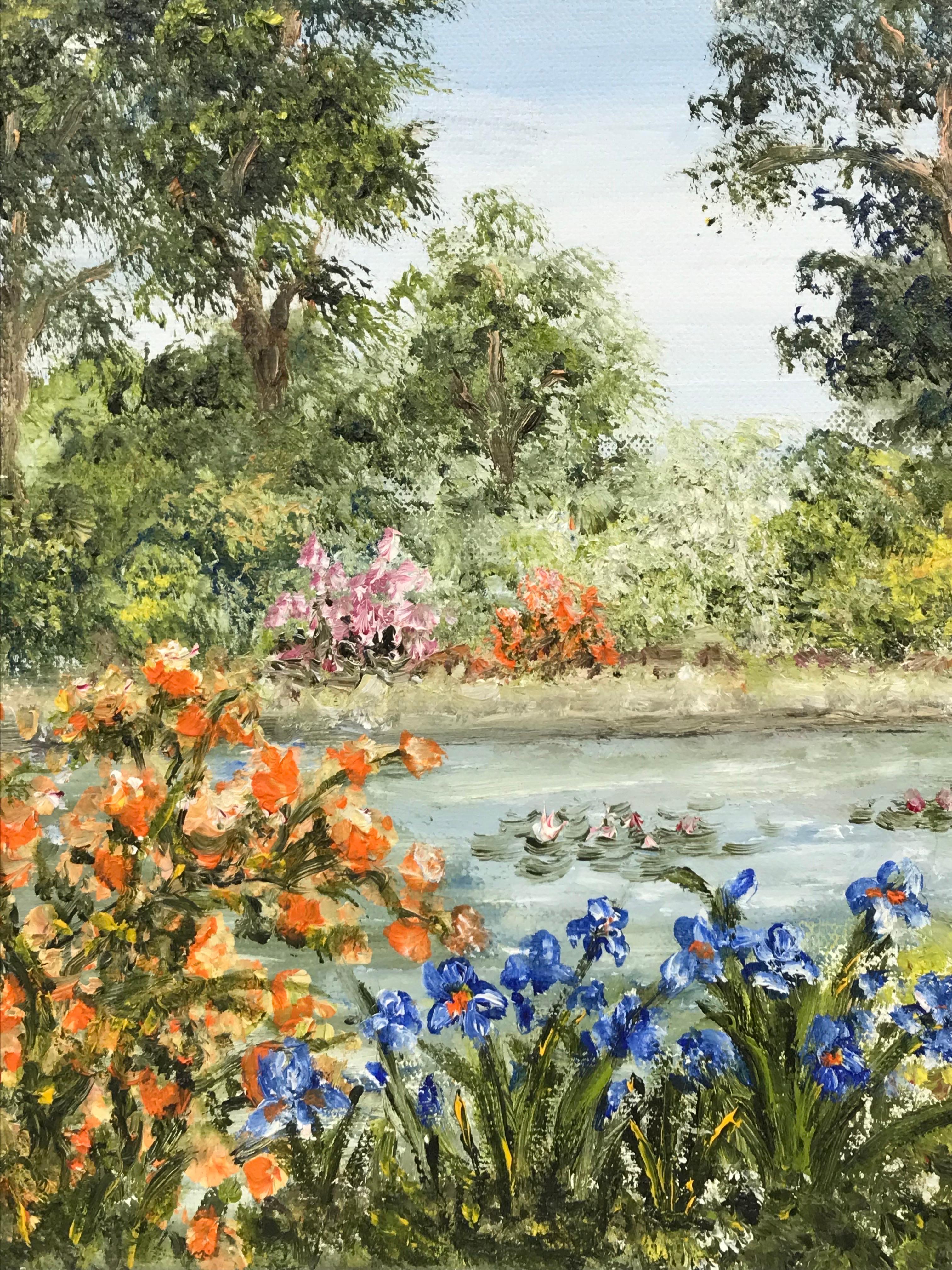 Beautiful French Impressionist Oil Painting, Wild Flower Meadow & Pond 3