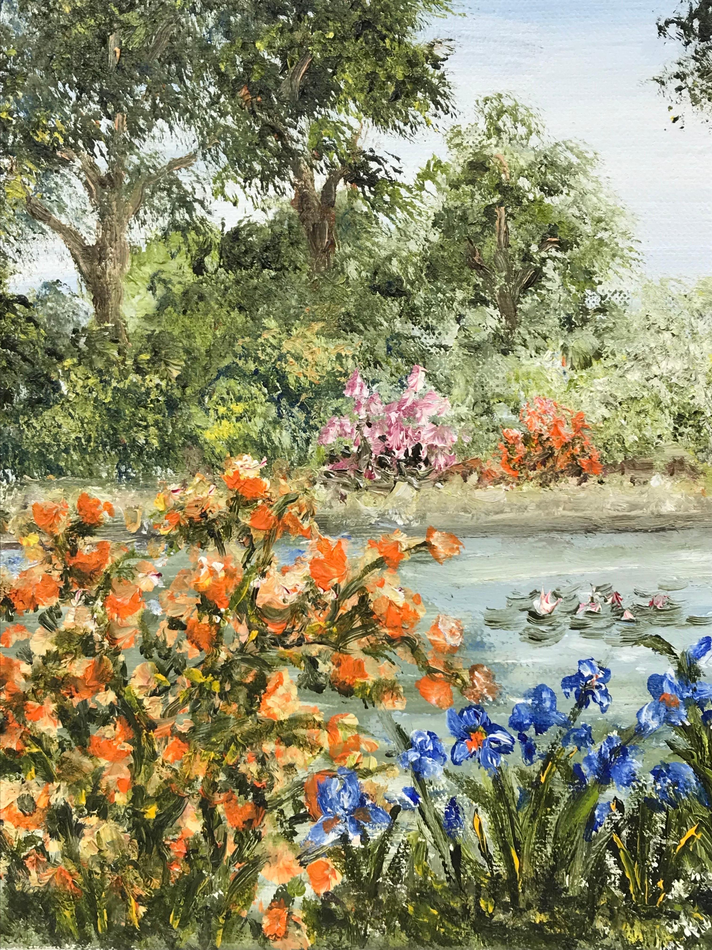 Beautiful French Impressionist Oil Painting, Wild Flower Meadow & Pond 4