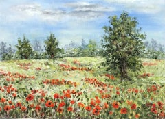 Signed French Impressionist Oil Painting Wild Poppy Flower Meadow & Trees