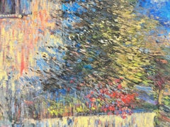 Very Large French Impressionist Signed Oil Old Stone House & Gardens Blaze Color