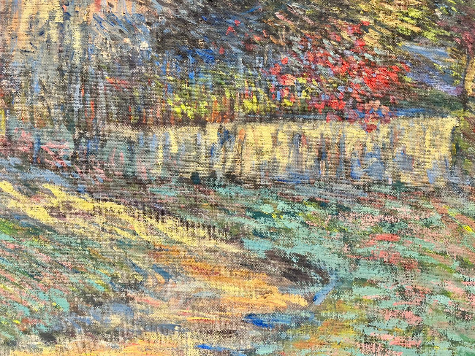Very Large French Impressionist Signed Oil Old Stone House & Gardens Blaze Color For Sale 1