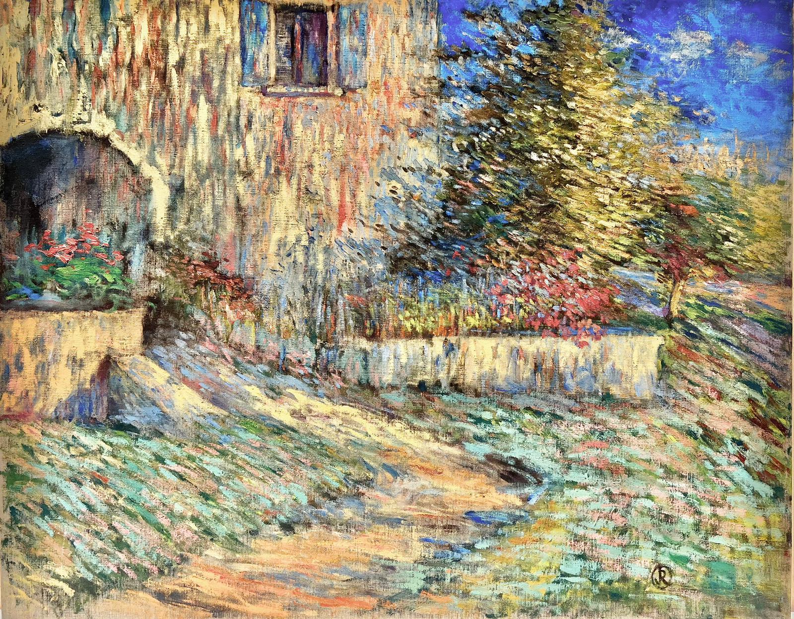 Very Large French Impressionist Signed Oil Old Stone House & Gardens Blaze Color For Sale 2