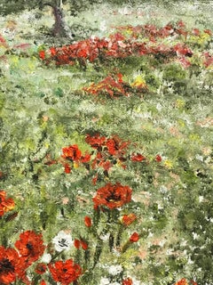 Wild Poppy Meadow Flower Field, Signed French Impressionist Oil Painting