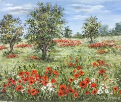 Wild Poppy Meadow Flower Field, Signed French Impressionist Oil Painting