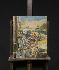 Large French Impressionist Oil after Manet Figures Sitting by Boats on River