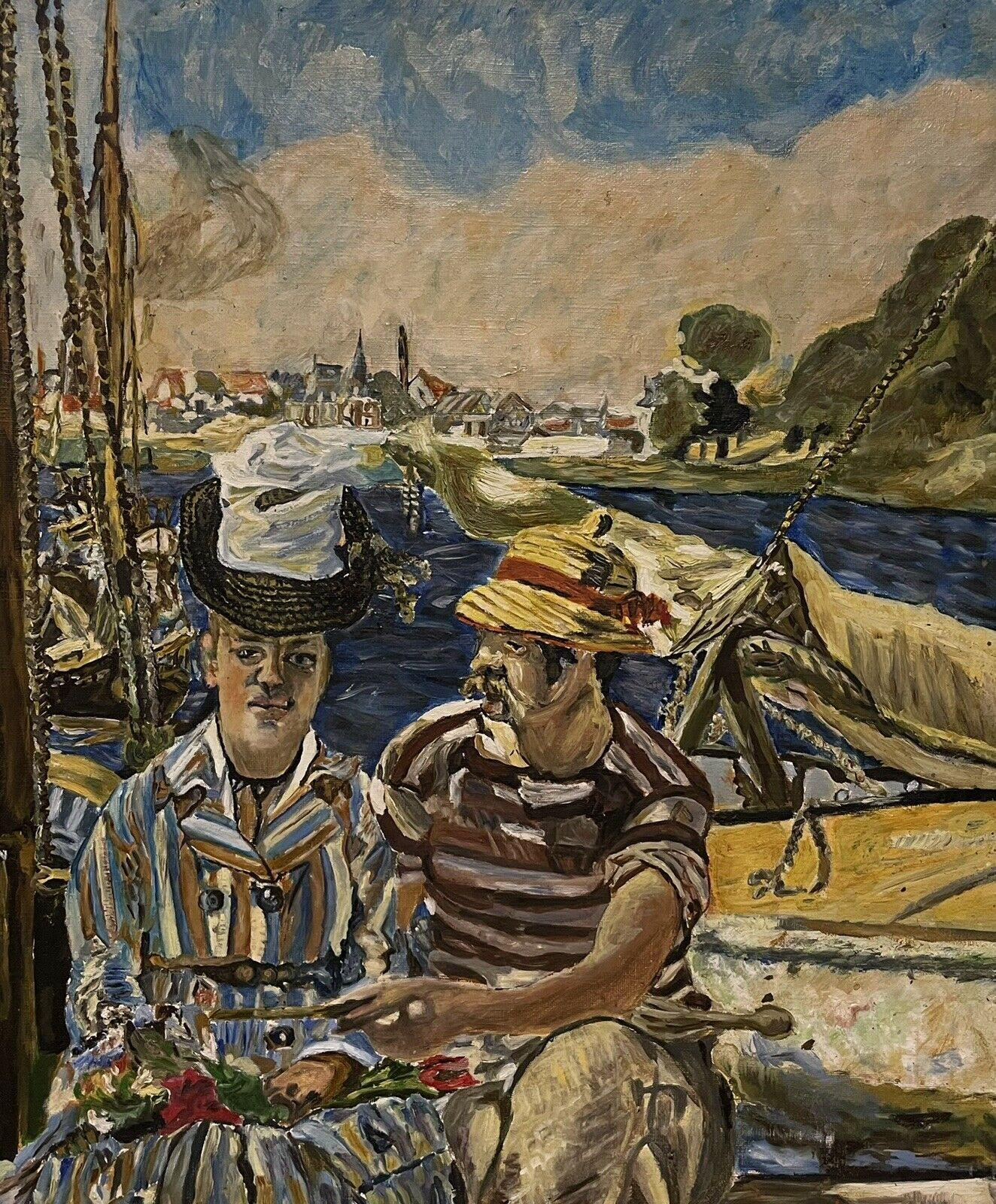 Large French Impressionist Oil after Manet Figures Sitting by Boats on River For Sale 1
