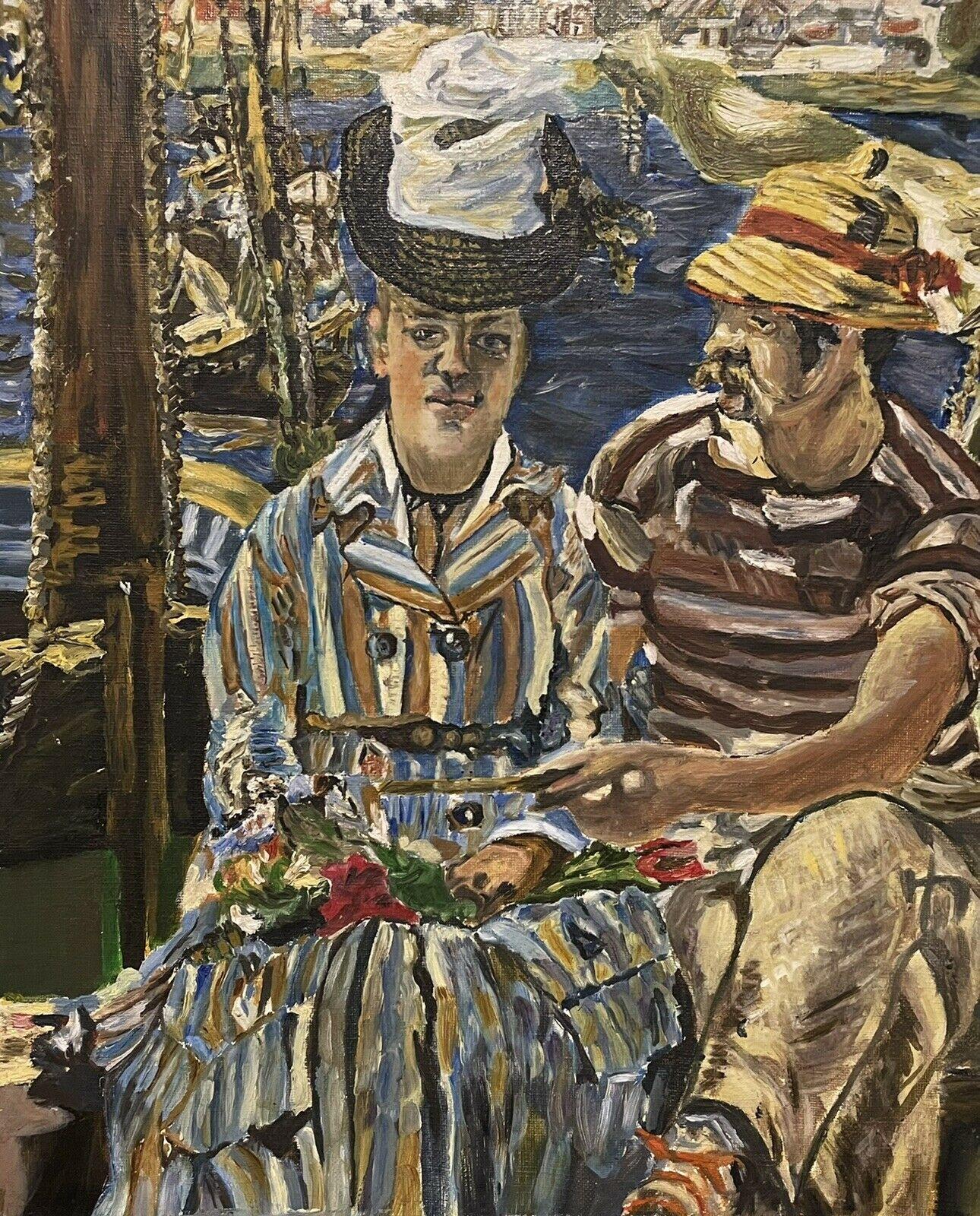 Groes franzsisches impressionistisches lgemlde nach Manet-Figuren auf Booten am Fluss (Braun), Landscape Painting, von French Impressionist 