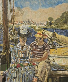 Large French Impressionist Oil after Manet Figures Sitting by Boats on River