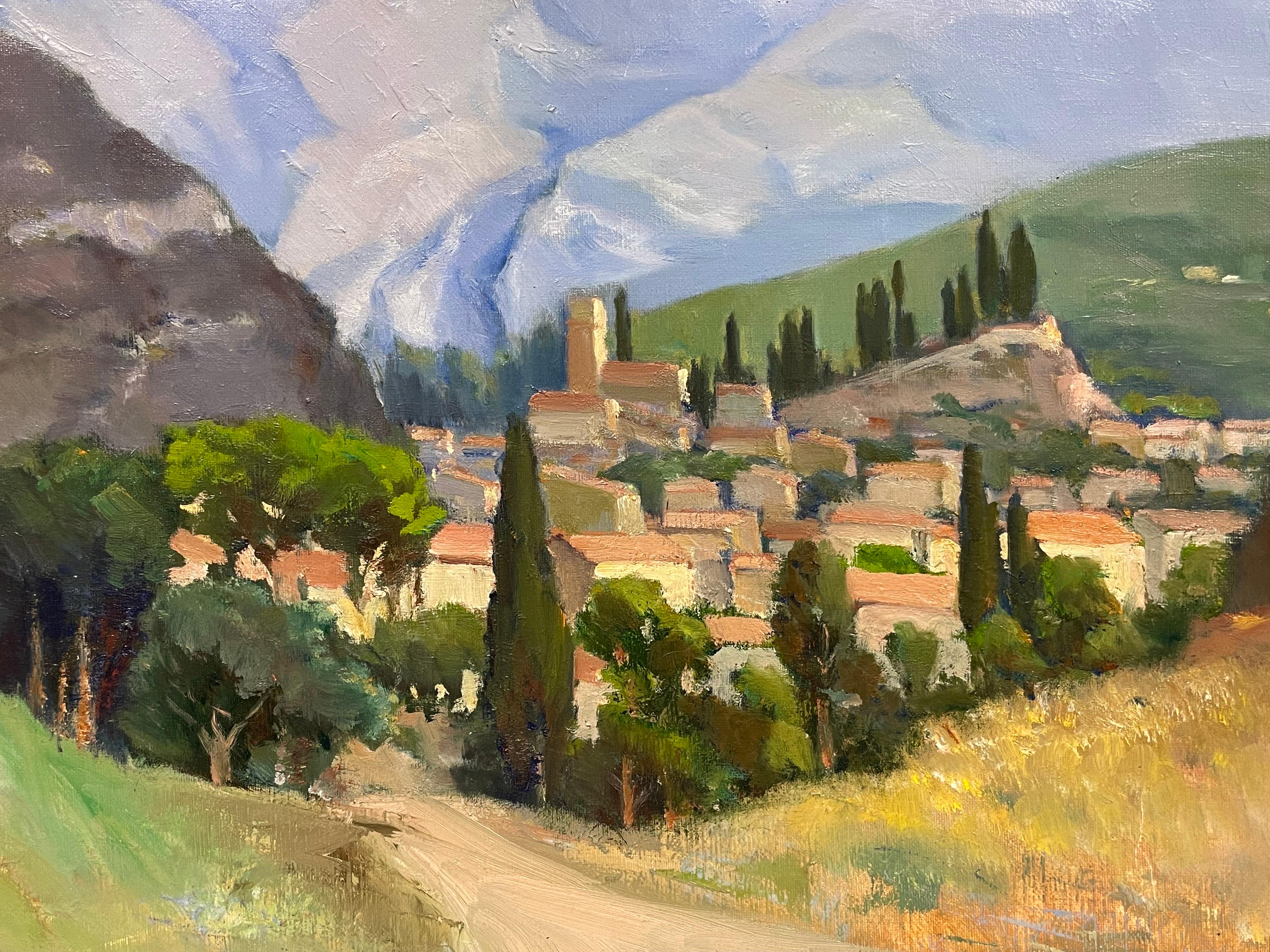 Original French Impressionist Signed Oil Provencal Valley Old Town Gilt Frame For Sale 1