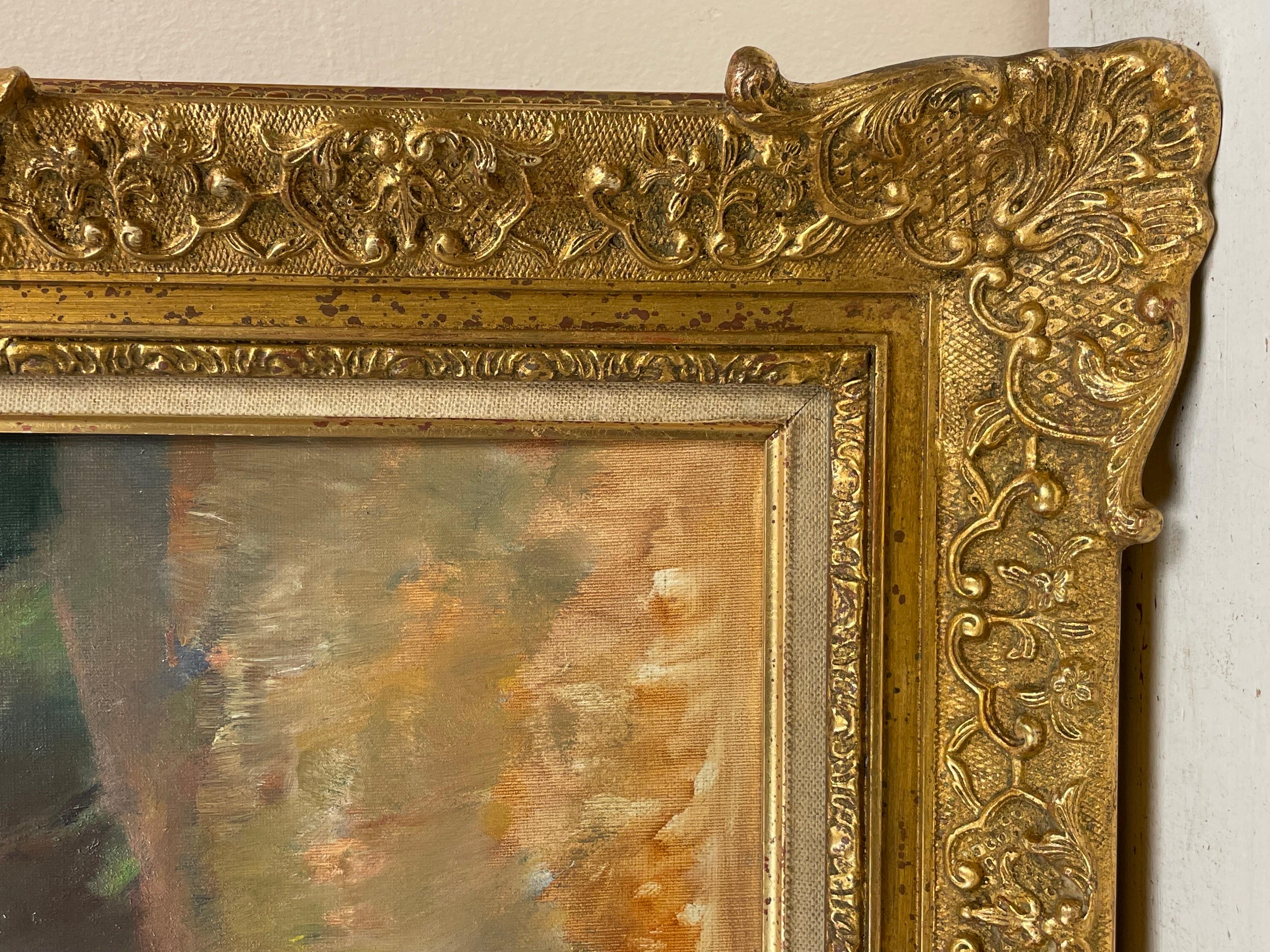 Original French Impressionist Signed Oil Provencal Valley Old Town Gilt Frame For Sale 4