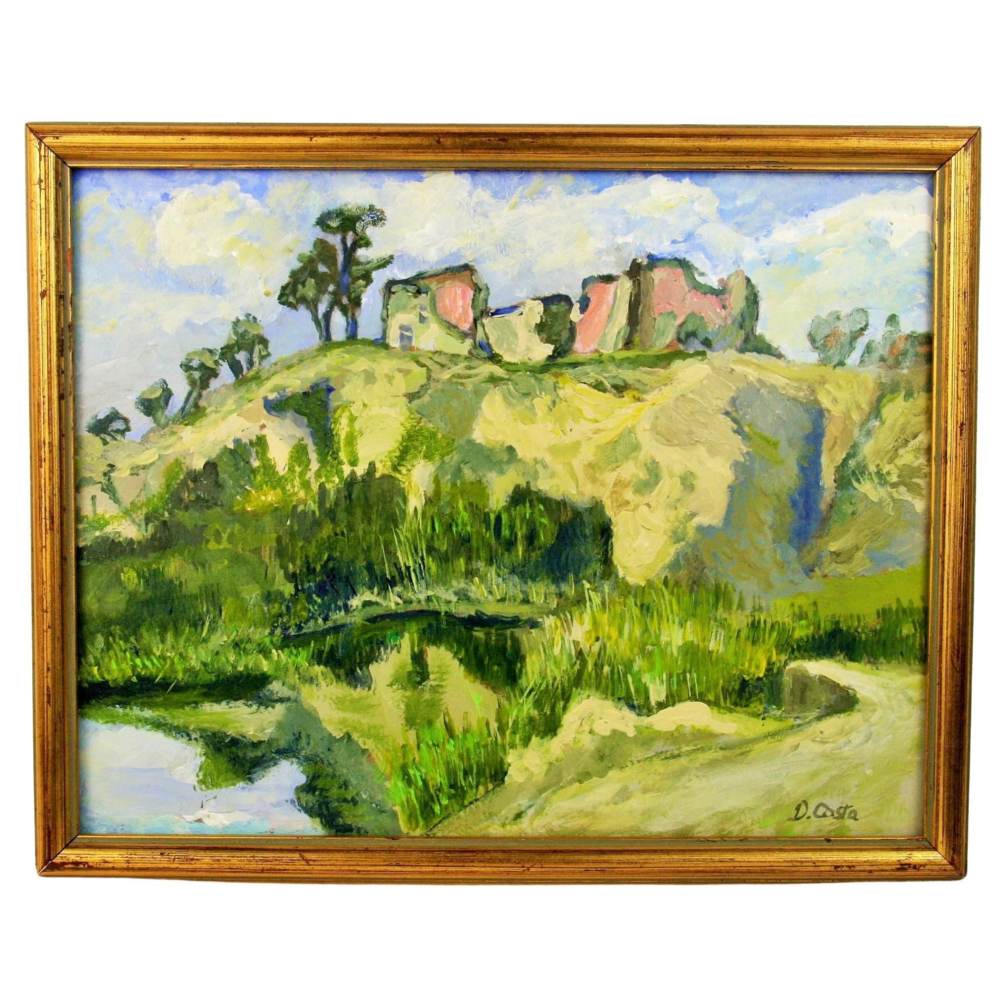 Peinture acrylique impressionniste française - Village abandonné - 1950