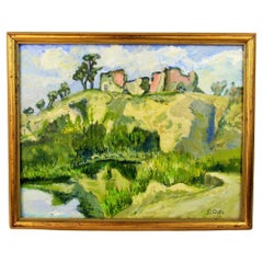 Peinture acrylique impressionniste française - Village abandonné - 1950