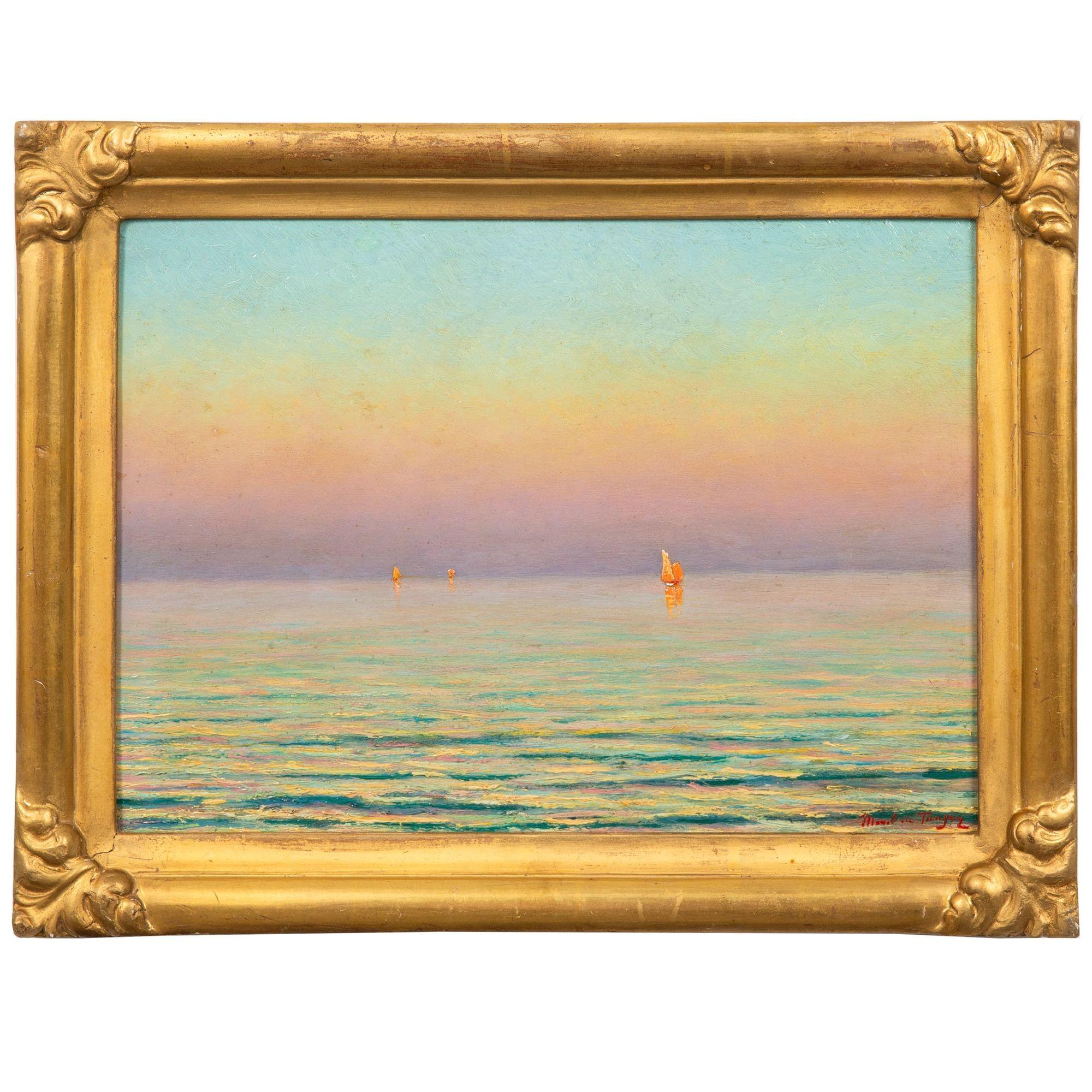CHARLES ADELIN MOREL DE TANGUY
Französisch, 1857-1930

Segeln bei Sonnenuntergang

Öl auf Platte  in einem fast sicher originalen Goldholzrahmen untergebracht
Signiert unten rechts in Schreibschrift 