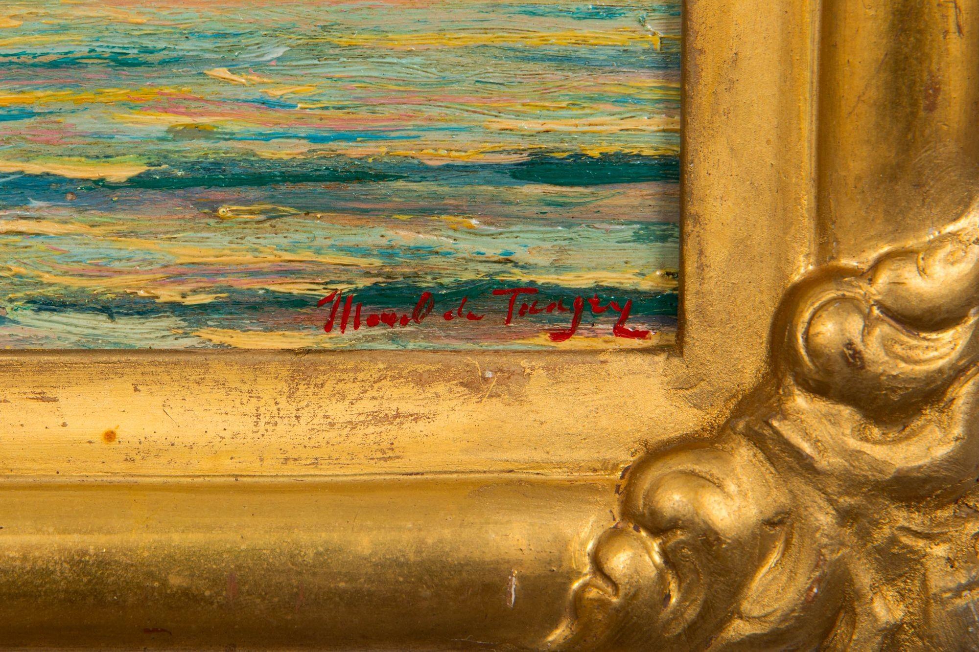 Französisch-impressionistische antike Abend- Meereslandschaft, Ölgemälde von Morel de Tanguy (Vergoldetes Holz) im Angebot