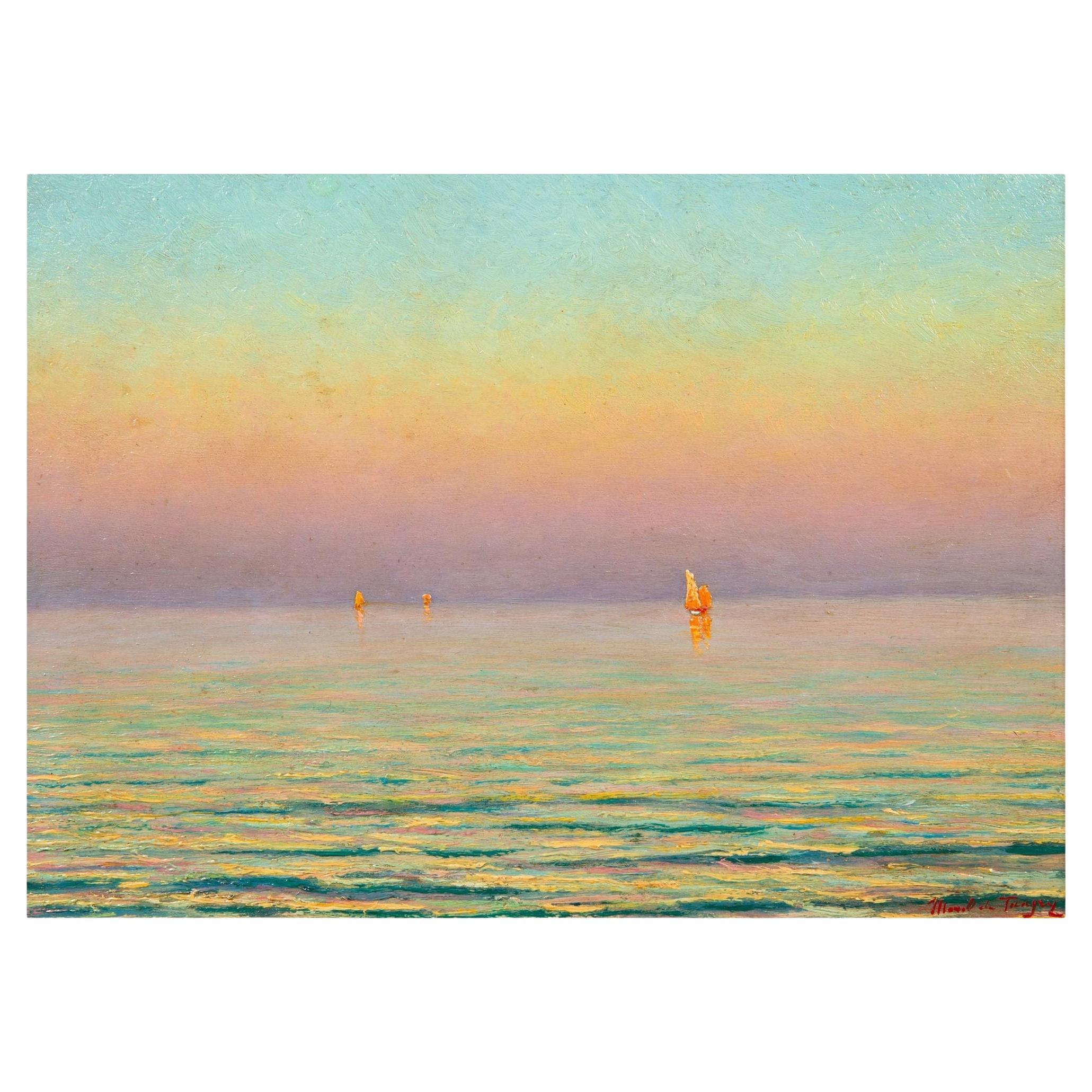 French Impressionist Antique Evening Seascape Oil Painting by Morel de Tanguy
