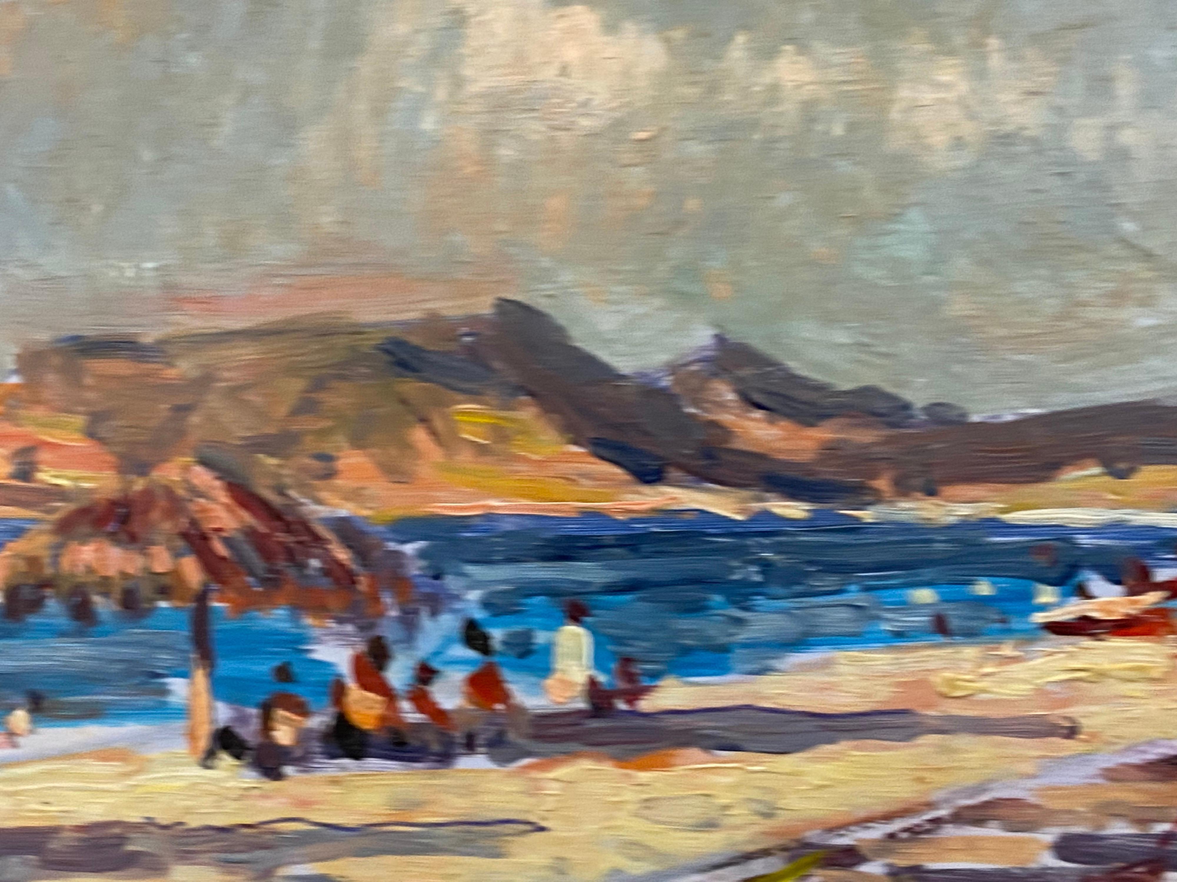 Französisches impressionistisches französisches Ölgemälde En Plein Air, Küstenszene mit Figuren (Sonstiges) im Angebot
