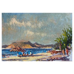 Peinture à l'huile impressionniste française « En Plein Air », scène côtière avec personnages