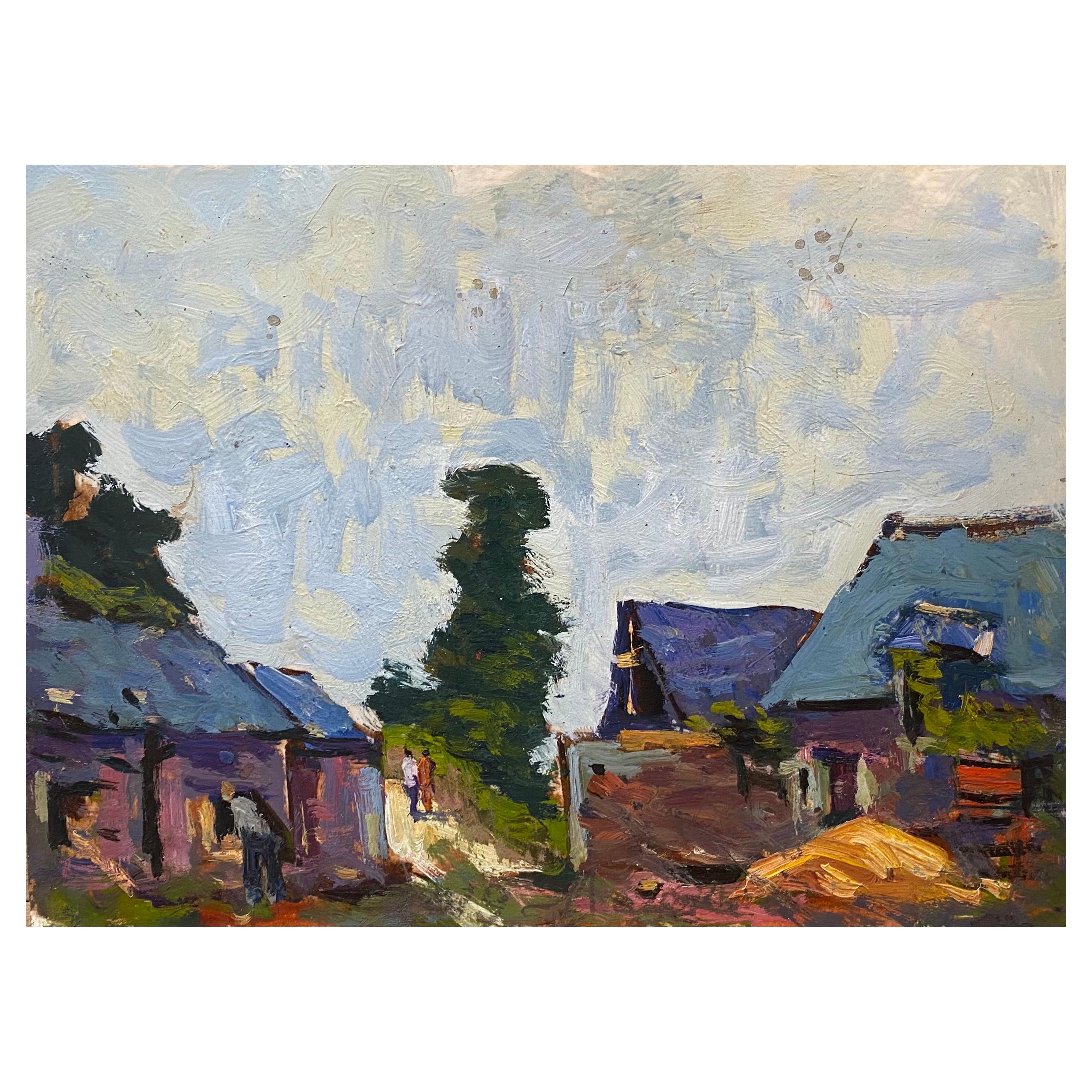 Französisches impressionistisches Ölgemälde „En Plein Air“, Bauernhof mit Figuren, Frankreich