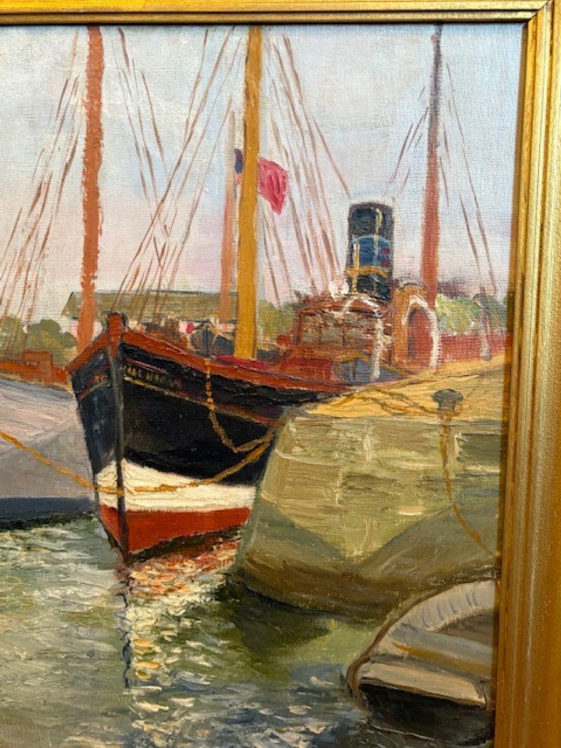 French Impressionist Harbor Scene, by J. Cord, 1939, a lovely oil on canvas impressionist view of the fishing boat 