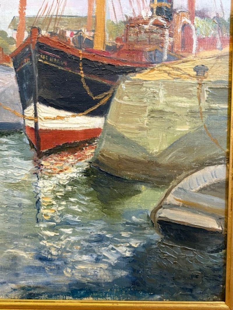 French Impressionist Harbor Scene, by J. Cord, 1939 (Handbemalt) im Angebot
