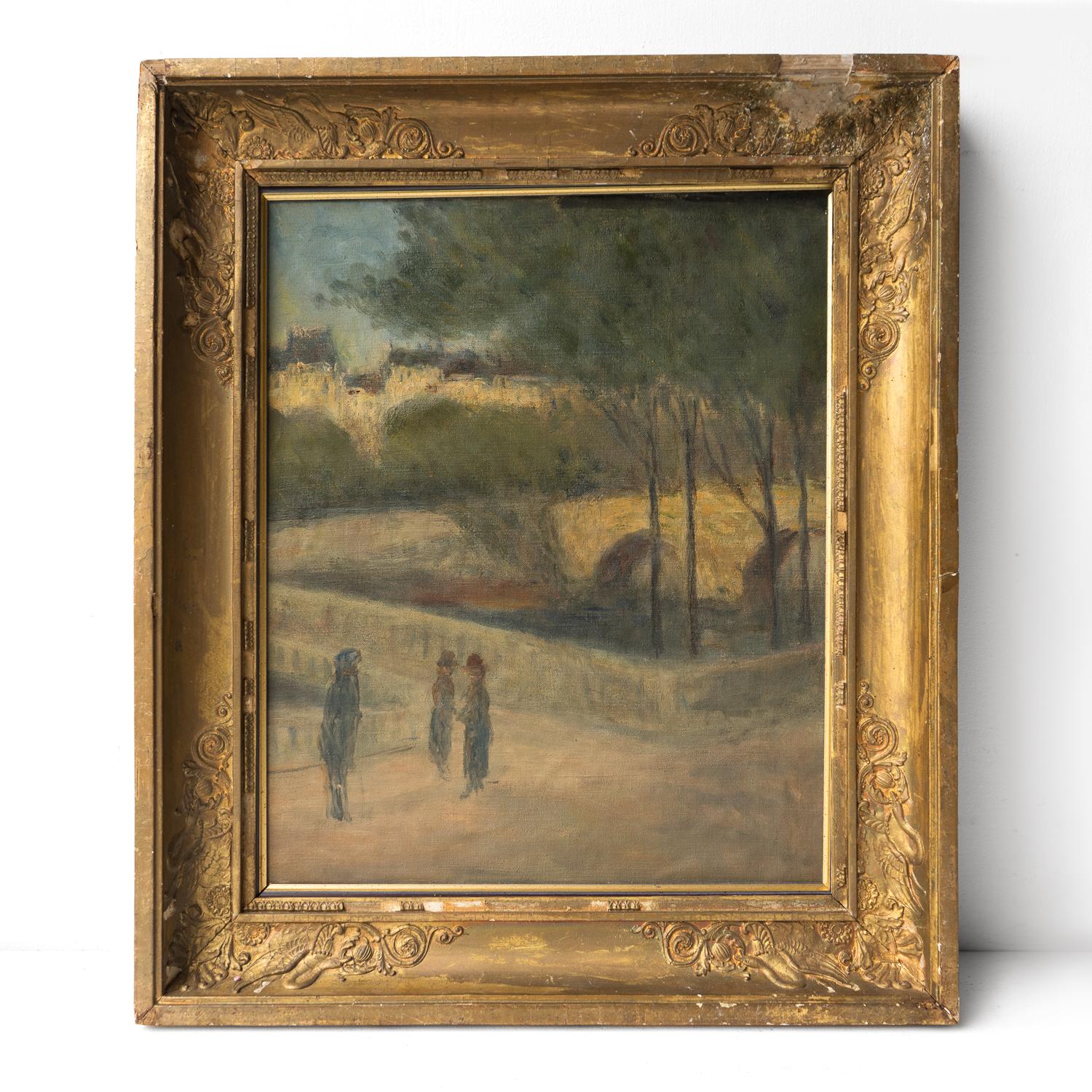 ANTIQUE ORIGINAL OIL ON CANVAS PAINTING 
Depicting figures in the foreground surrounded by trees standing in front of a bridge leading to a typically French town in the background.

Painted confidently in a romantic impressionist style.

The