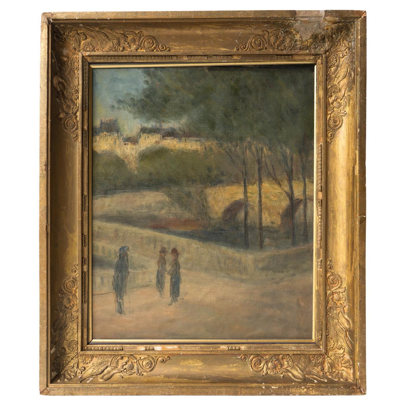  French Impressionist Landscape, Antique Original Oil On Canvas Painting For Sale