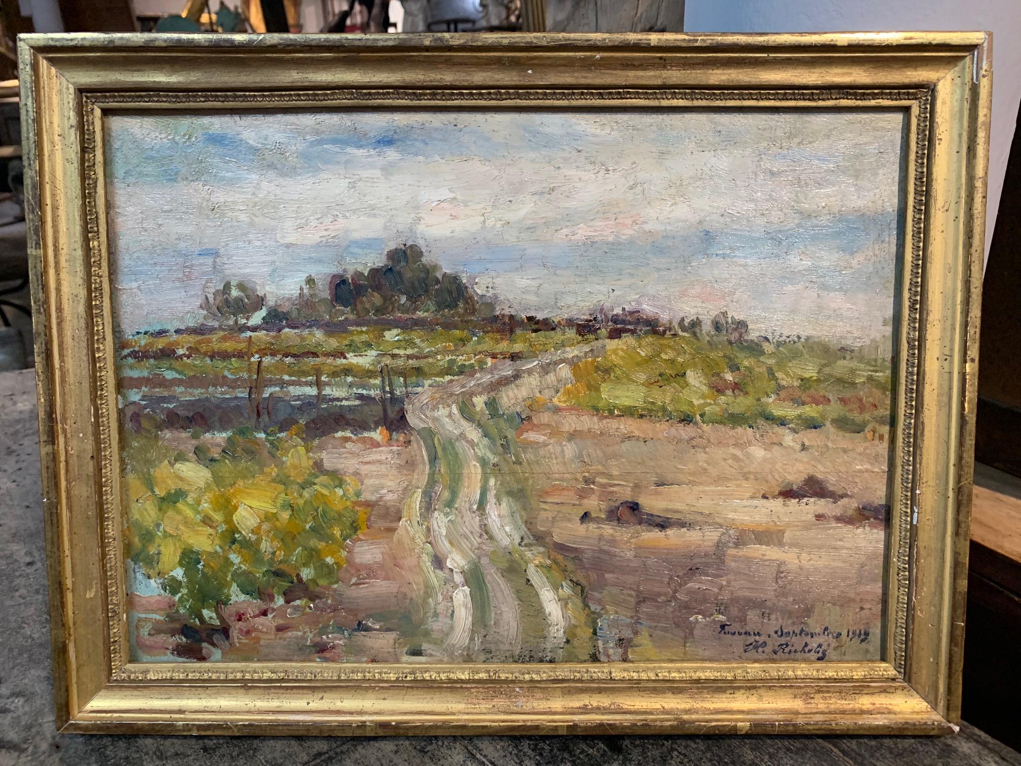 A very beautiful and very charming oil on board landscape painting of the countryside in Aix En Provence. Signed Horace Richebe (1871 - 1964) born in Algiers to French parents and later moved to Marseille. He was later appointed to the Legion