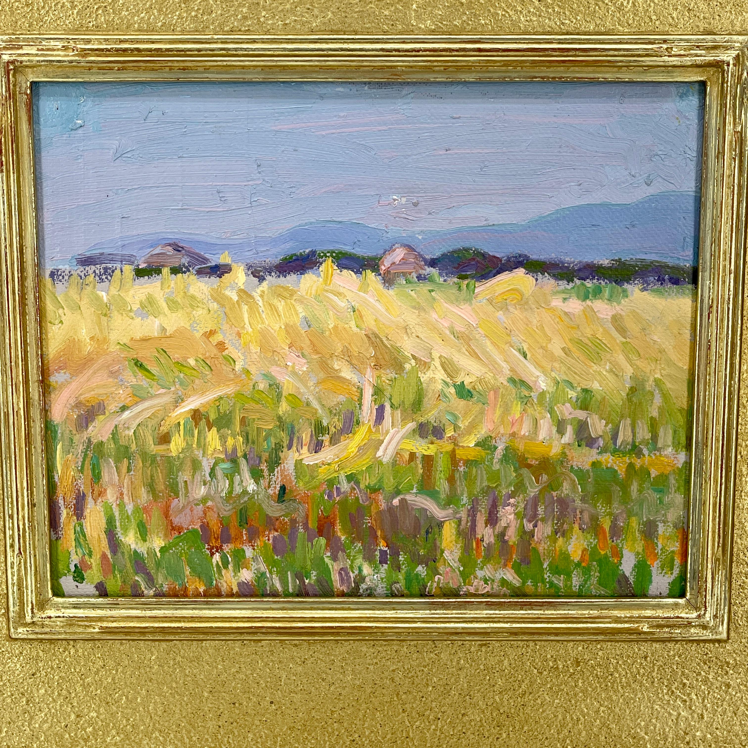 French Provincial French Impressionist Landscape Oil Painting With Haystacks, circa 1930's For Sale