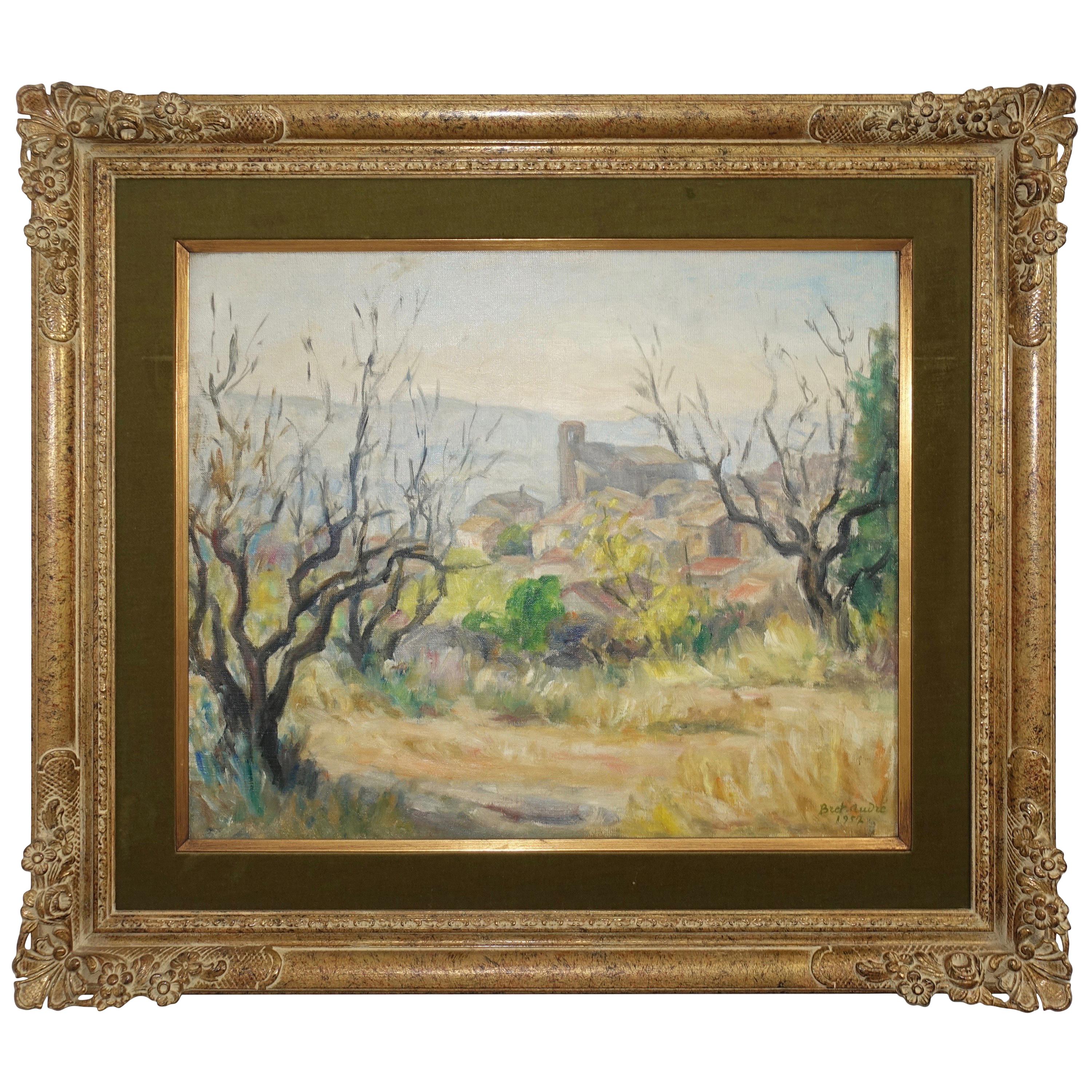 French Impressionist Landscape Painting, Signed Bret Andre, 1952 For Sale
