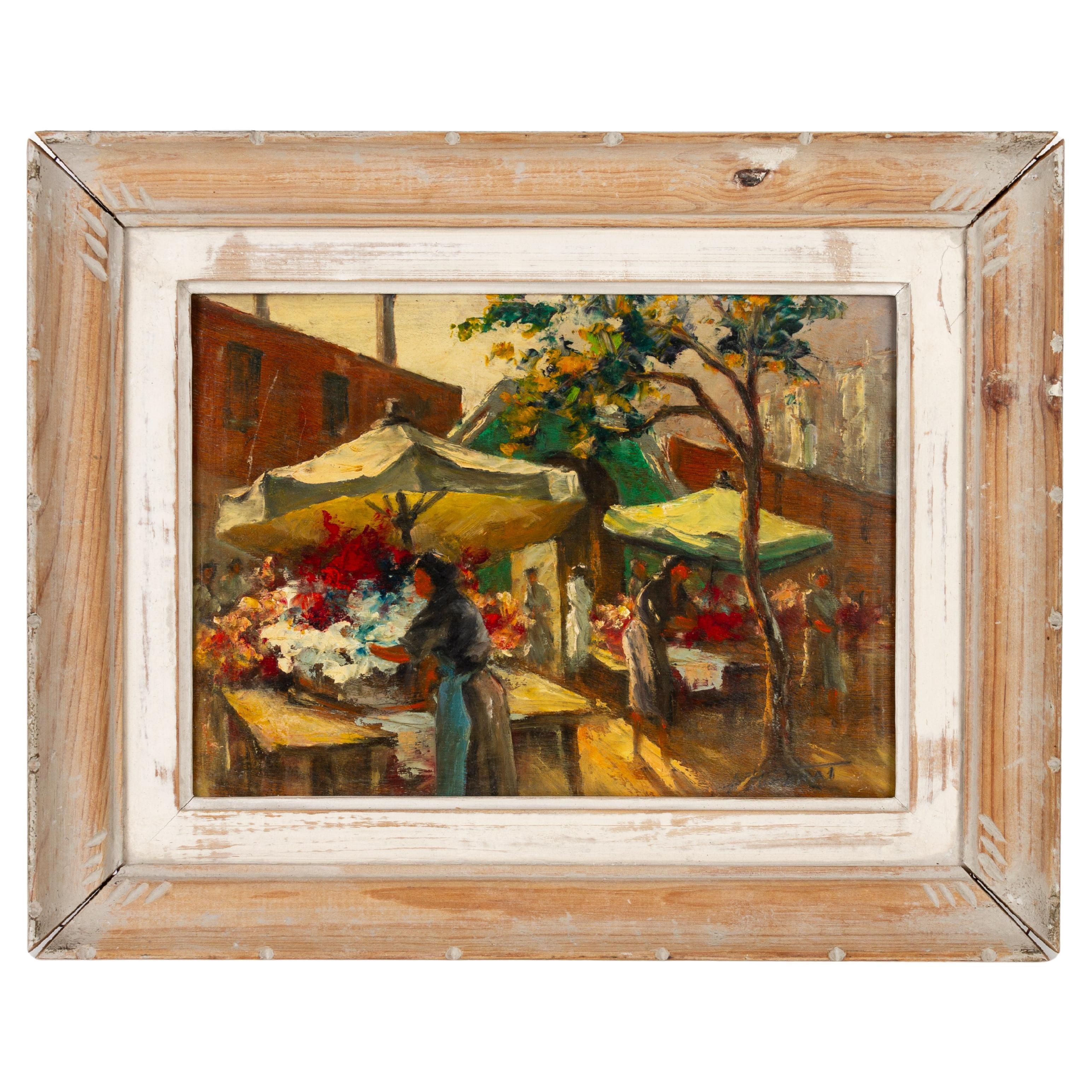 French Impressionist Market Scene Oil Painting 