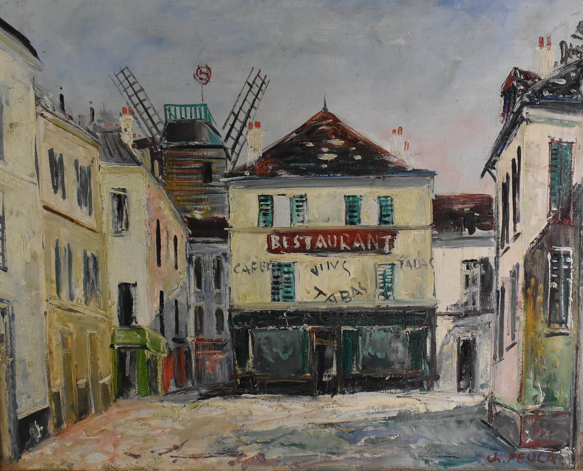 Oil on canvas by Charles Feola, 1917-1994. Impressionist painting on canvas of a Paris street scene. Signed lower right. Very nice condition. Image size measures 22.44