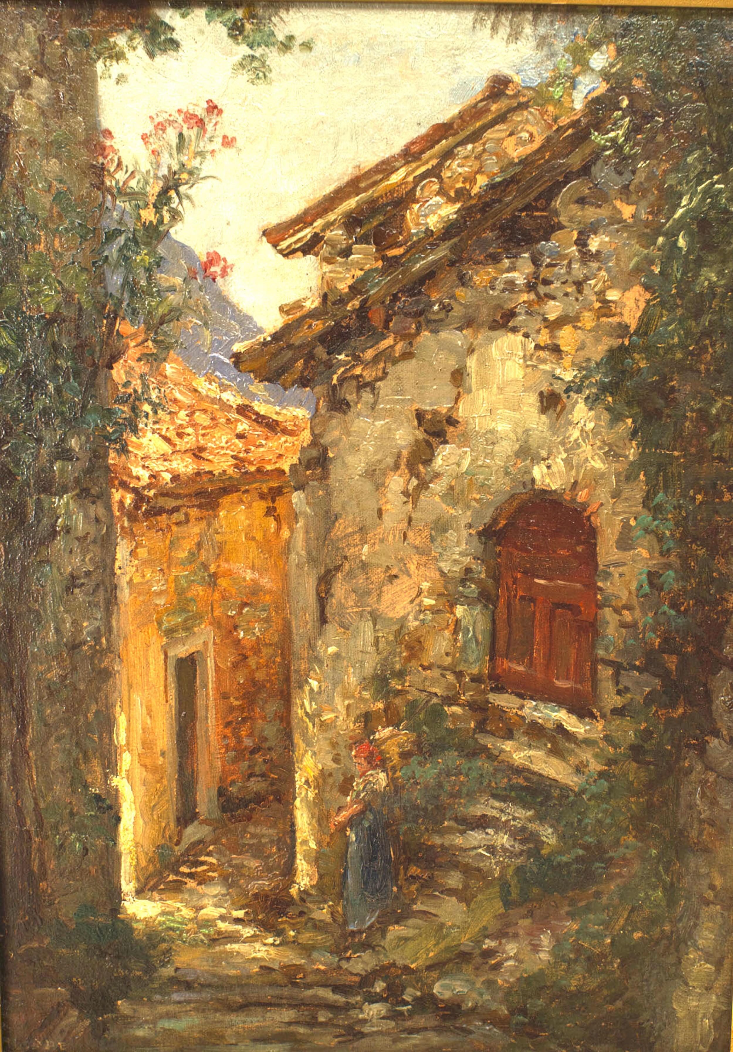 French Impressionist (19th Cent) carved gilt framed oil cobbled street scene, painting of lady by steps of house.