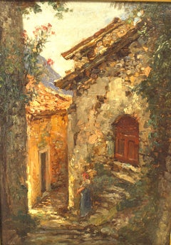19th Century French Impressionist Oil Painting of Cobbled Street Scene