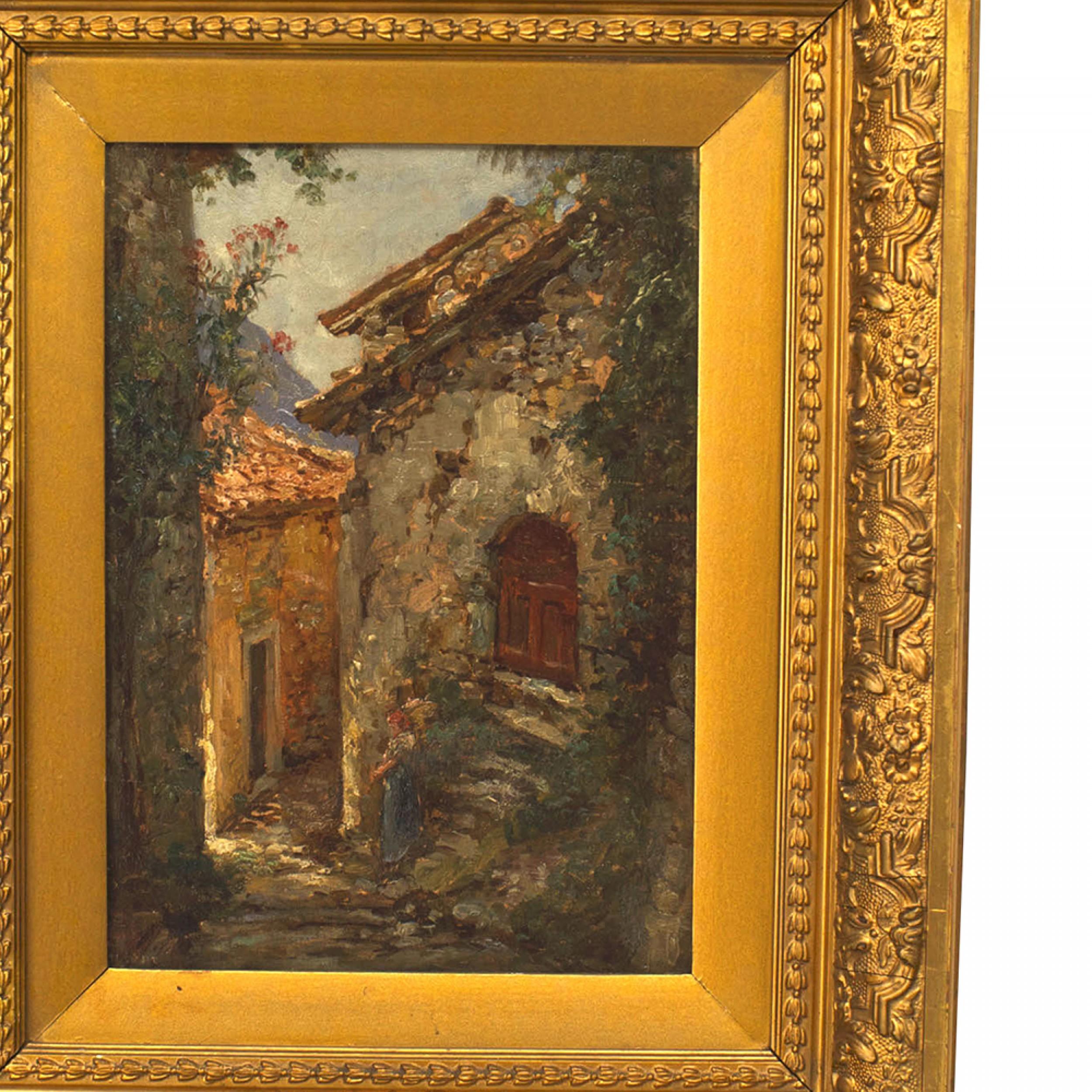 Victorian French Impressionist Oil of Cobbled Street Scene For Sale