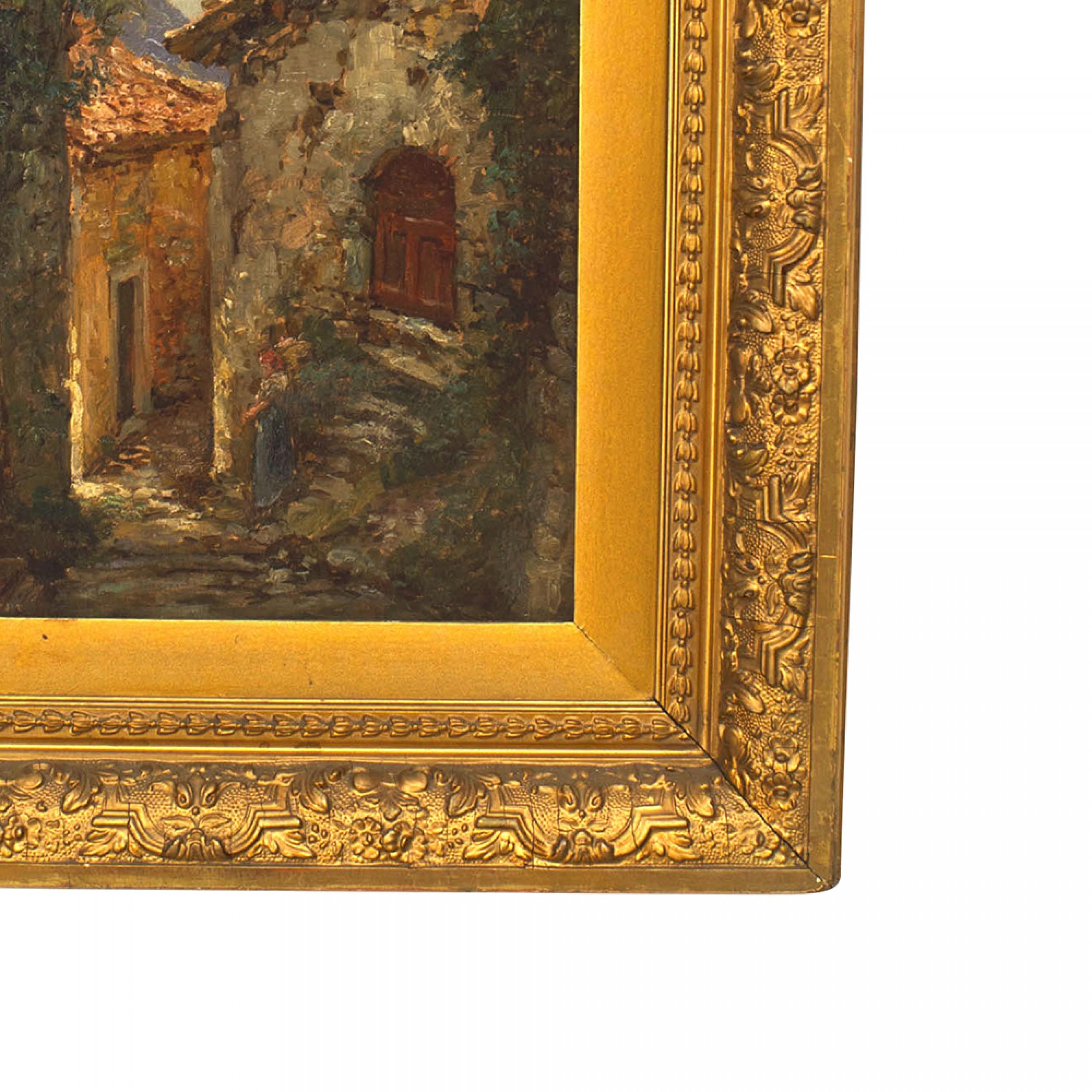 Hand-Carved French Impressionist Oil of Cobbled Street Scene For Sale