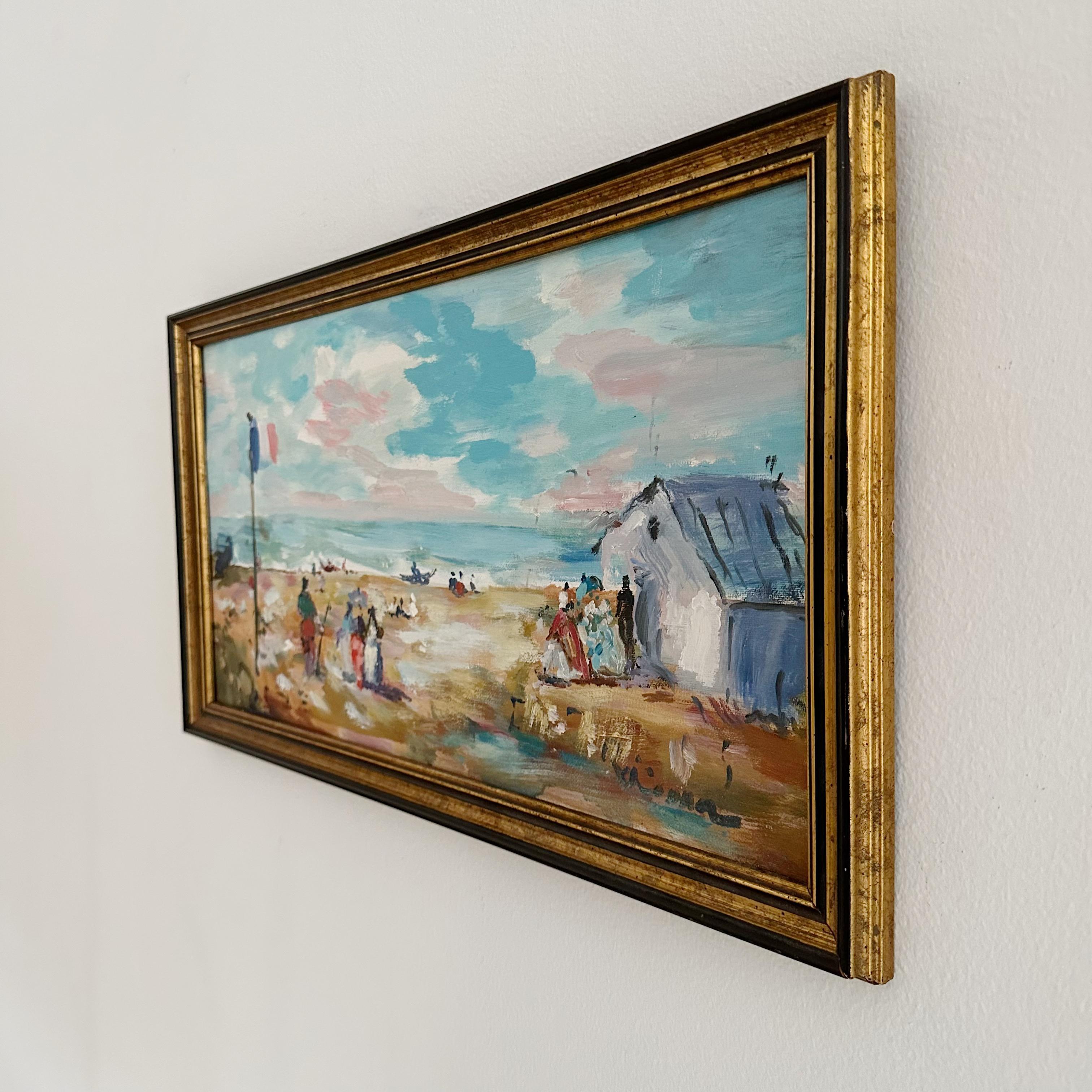 Victorian Busy Beach scene, seascape, French School 20th century. Colorful painting with sky blue, pink, white and varying colors. Oil on board in vintage gold and black frame. Illegible signature to the lower right.