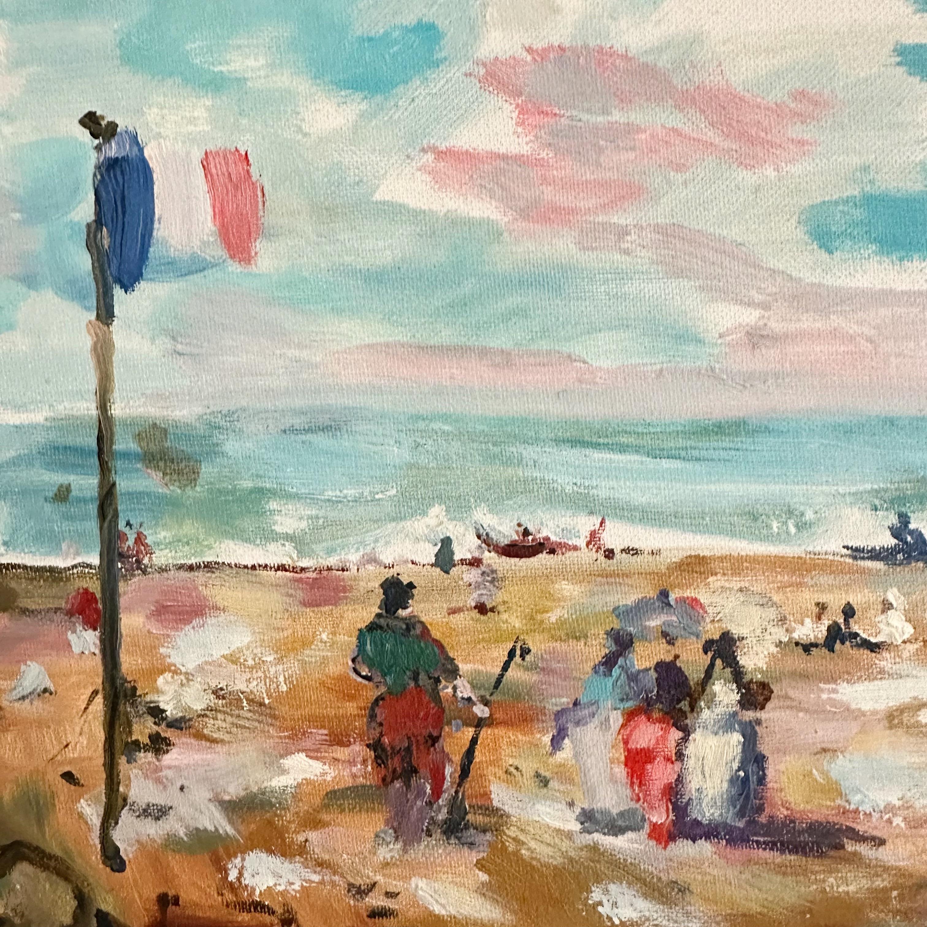 Hand-Painted French Impressionist Oil on Board Victorian Beach Scene Mid 20th Century Signed For Sale