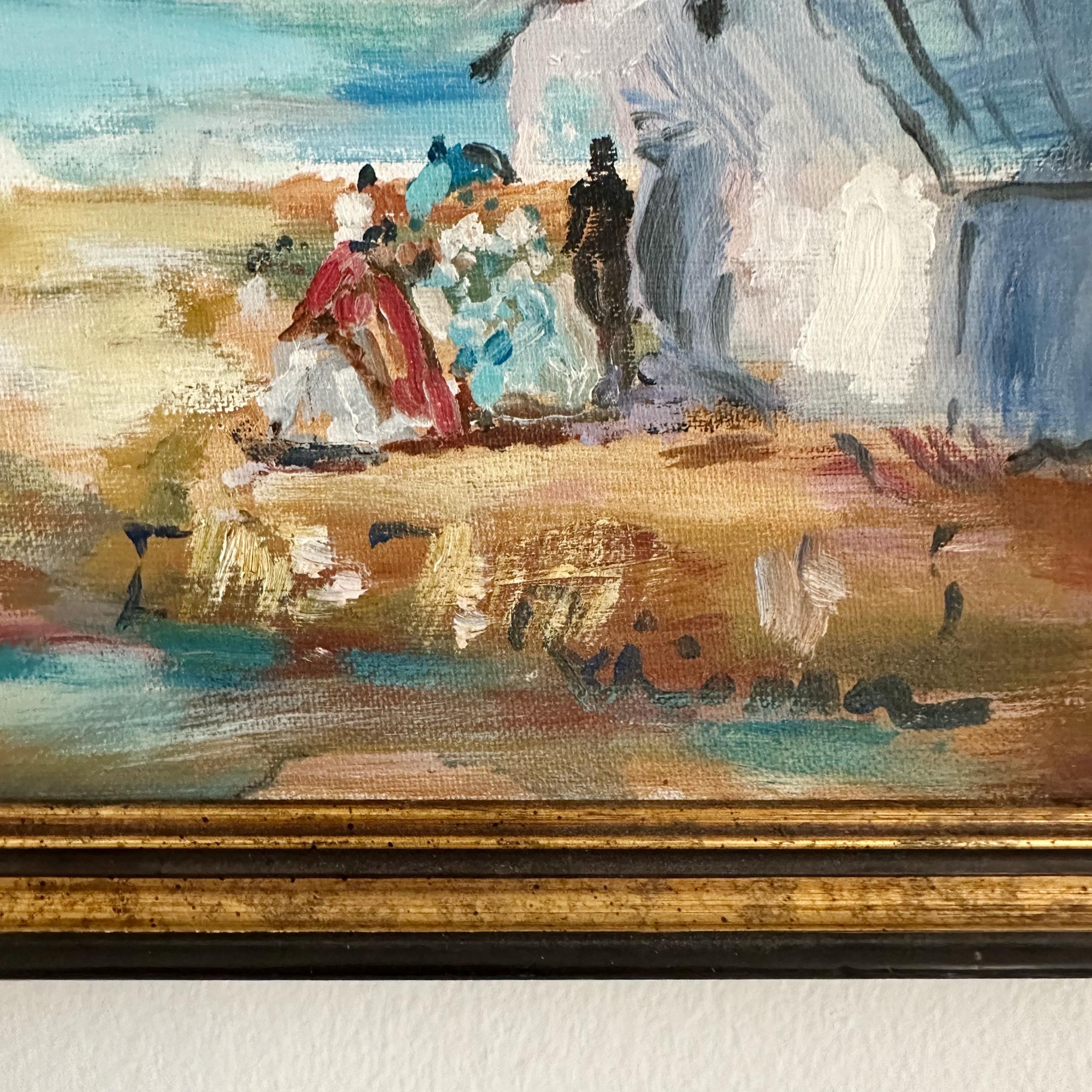 French Impressionist Oil on Board Victorian Beach Scene Mid 20th Century Signed In Good Condition For Sale In West Palm Beach, FL