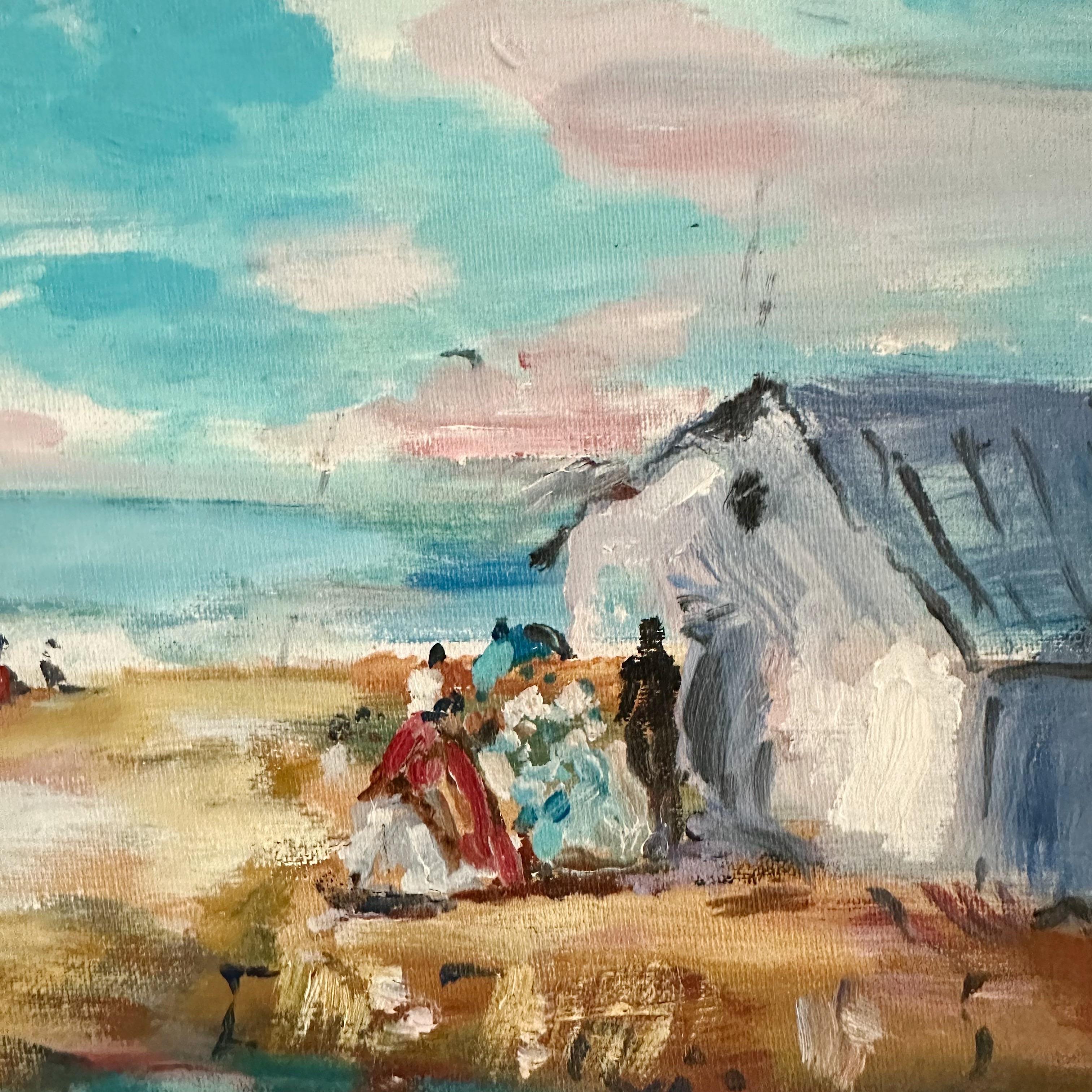 Paint French Impressionist Oil on Board Victorian Beach Scene Mid 20th Century Signed For Sale