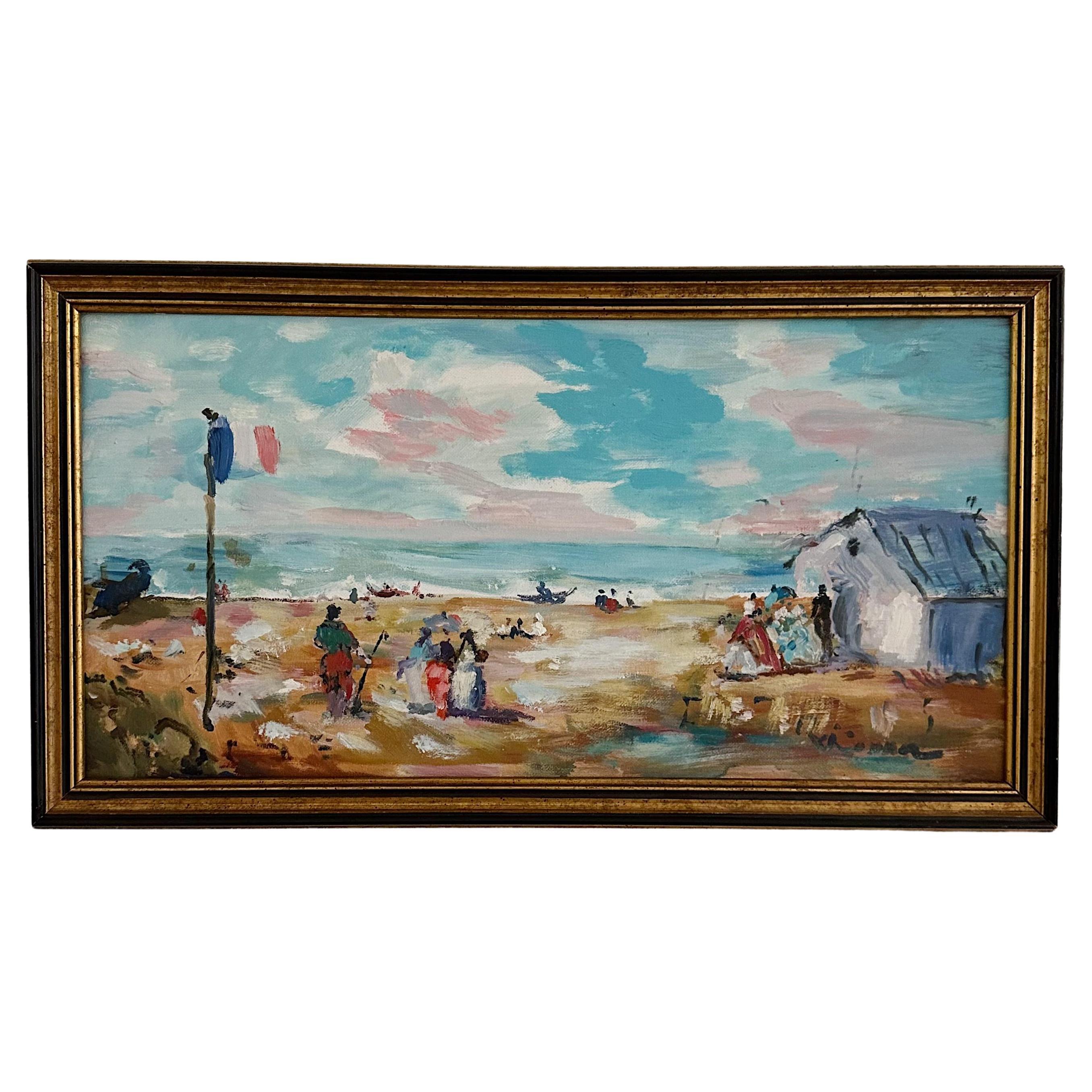 French Impressionist Oil on Board Victorian Beach Scene Mid 20th Century Signed For Sale