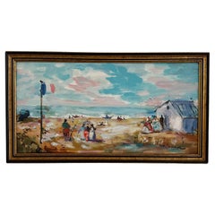 French Impressionist Oil on Board Victorian Beach Scene Mid 20th Century Signed