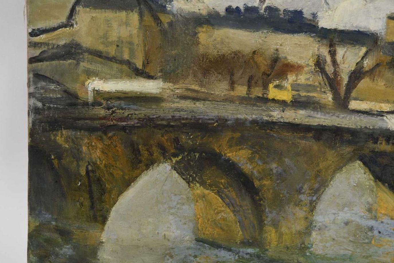 The view of this French impressionist oil-on-canvas painting is of a stone bridge arching over the Seine. Paris buildings are in the background while a leafless tree is in the foreground. The colors are predominately black, yellow and grey. The