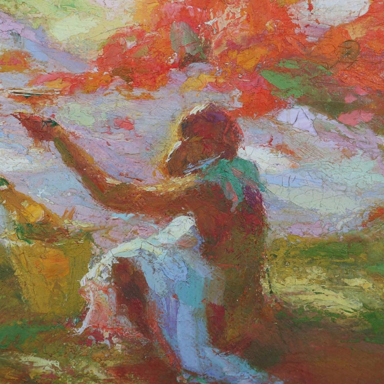 French Impressionist Oil on Canvas Painting Classical Scene Signed 20th