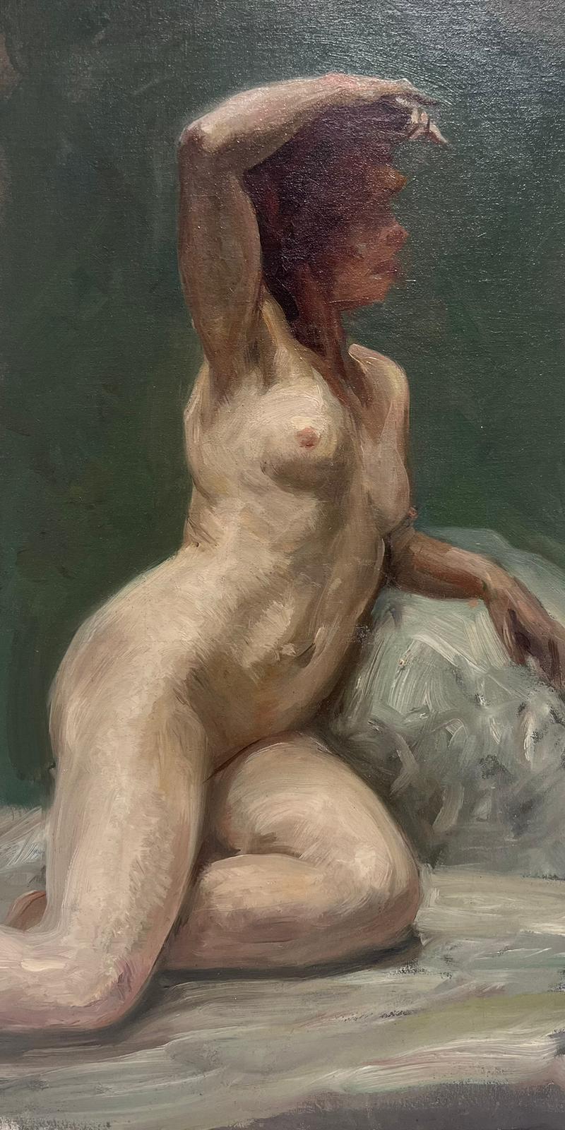 Peinture à l'huile impressionniste française des années 1890, Studio A, portrait d'une femme modèle nue - Painting de French Impressionist oil
