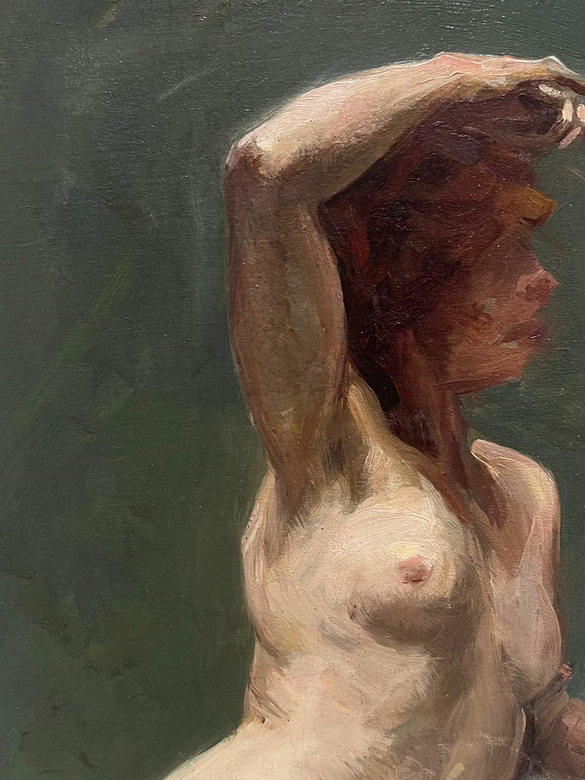 Peinture à l'huile impressionniste française des années 1890, Studio A, portrait d'une femme modèle nue - Impressionnisme Painting par French Impressionist oil
